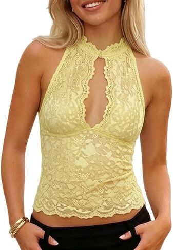 Women Lace Tank Tops Y2K Halter Neck Keyhole Top Sheer Mesh Cutout Crop Camisole Floral Lace Summer Going Out in Saudi Arabia