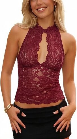 Women Lace Tank Tops Y2K Halter Neck Keyhole Top Sheer Mesh Cutout Crop Camisole Floral Lace Summer Going Out in Saudi Arabia