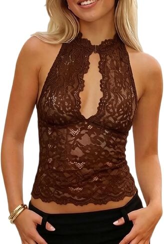Women Lace Tank Tops Y2K Halter Neck Keyhole Top Sheer Mesh Cutout Crop Camisole Floral Lace Summer Going Out in Saudi Arabia