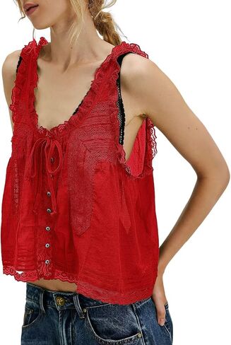 Women Sleeveless Lace Trim Tank Tops Beach Vacation 2026 Button Down Front Tie Mesh Chiffon Crop Tops in Saudi Arabia