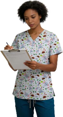 Yodilala مطبوعة الدعك للنساء زي ممرضة الخامس الرقبةأكمام قصيرة تمتد الدعك التمريض SetUniform in Kuwait