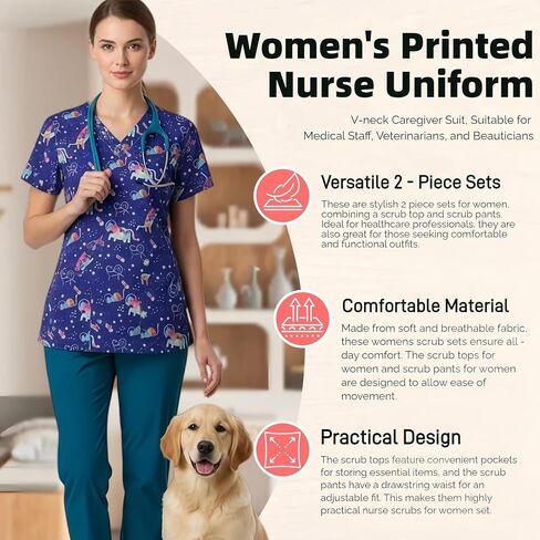 Yodilala مطبوعة الدعك للنساء زي ممرضة الخامس الرقبةأكمام قصيرة تمتد الدعك التمريض SetUniform in Kuwait