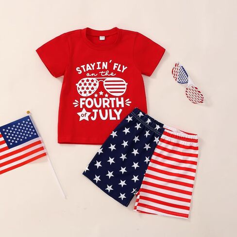 Toddler Boy 4th of July Outfit Short Sleeve T-shirt Top Casual Shorts Boys Independence Day Outfits in Saudi Arabia