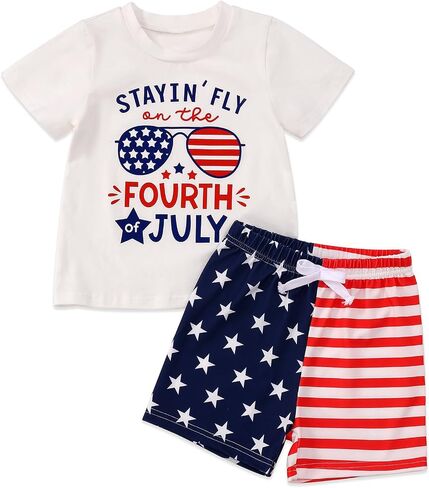Toddler Boy 4th of July Outfit Short Sleeve T-shirt Top Casual Shorts Boys Independence Day Outfits in Saudi Arabia