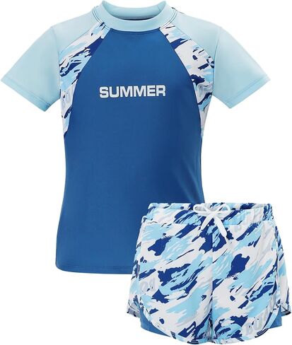 Boys Short Sleeve Rash Guard with Compression Liner Swim Trunks Quick Dry 2 Pieces UV Protection Swimwear Set in Saudi Arabia