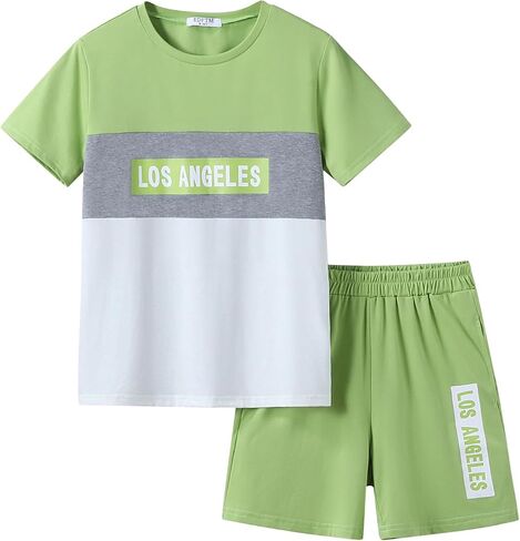 Boys' 2 Piece Outfits Summer Short Sleeve Color Block T-Shirt and Shorts Set Casual Summer Clothes for Kids 4-14 Years in Saudi Arabia