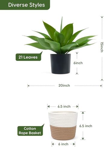 Velener Fake Agave with Woven Cotton Rope Basket, Artificial Plant Outdoor Agave - Fake Sucuulents Plants for Indoor and Outdoor Decor(15 Inch)-1 Pack in Saudi Arabia