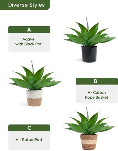 Velener Fake Agave with Woven Cotton Rope Basket, Artificial Plant Outdoor Agave - Fake Sucuulents Plants for Indoor and Outdoor Decor(15 Inch)-1 Pack in Saudi Arabia