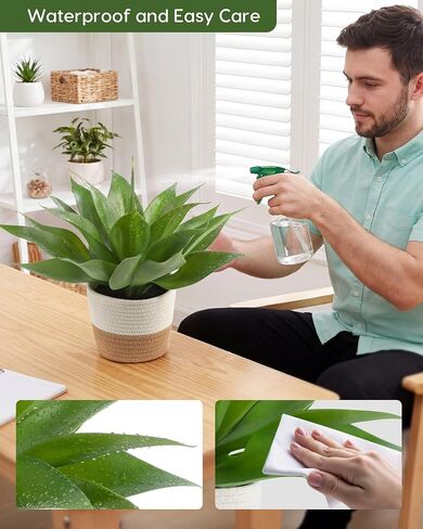 Velener Fake Agave with Woven Cotton Rope Basket, Artificial Plant Outdoor Agave - Fake Sucuulents Plants for Indoor and Outdoor Decor(15 Inch)-1 Pack in Saudi Arabia