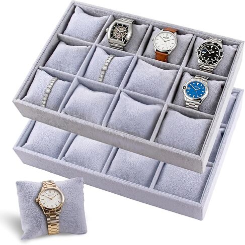 2 Pieces Velvet Watch Tray Jewelry Organizer 12 Grid Stackable Watch Bracelet Bangle Display Holder Adjustable Pillow in Saudi Arabia