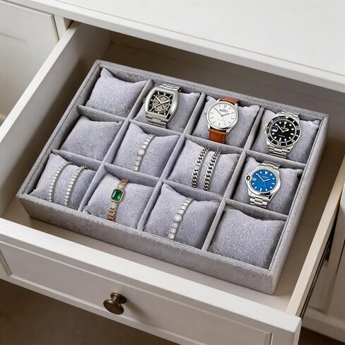 2 Pieces Velvet Watch Tray Jewelry Organizer 12 Grid Stackable Watch Bracelet Bangle Display Holder Adjustable Pillow in Saudi Arabia