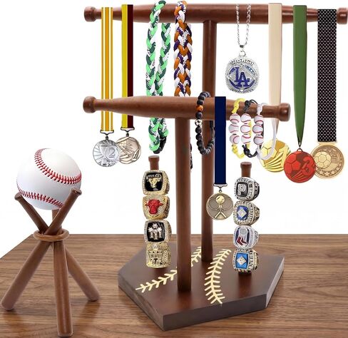 Wooden Baseball Ring and Necklace Holder Stand, 2-Tier Drip Jewelry Organizer for Baseball Softball Player, 2 Bat Hangers for Necklaces & Bracelets, Championship Ring Display Case, Sports Gift in Saudi Arabia
