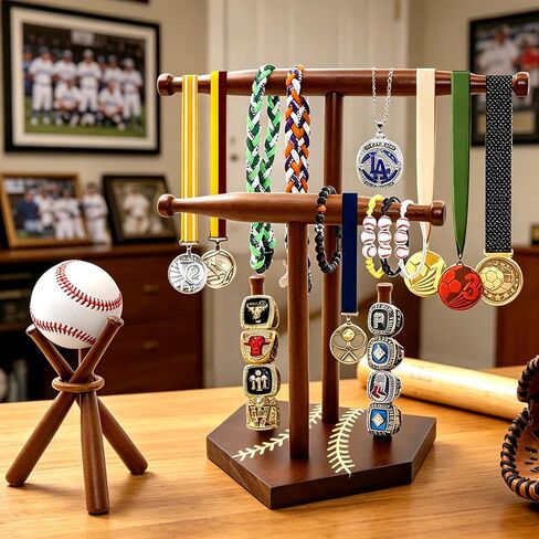 Wooden Baseball Ring and Necklace Holder Stand, 2-Tier Drip Jewelry Organizer for Baseball Softball Player, 2 Bat Hangers for Necklaces & Bracelets, Championship Ring Display Case, Sports Gift in Saudi Arabia