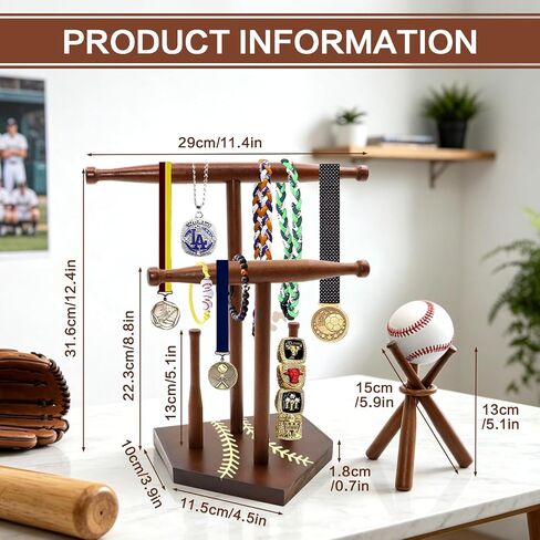 Wooden Baseball Ring and Necklace Holder Stand, 2-Tier Drip Jewelry Organizer for Baseball Softball Player, 2 Bat Hangers for Necklaces & Bracelets, Championship Ring Display Case, Sports Gift in Saudi Arabia