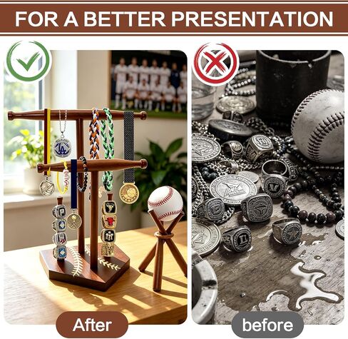 Wooden Baseball Ring and Necklace Holder Stand, 2-Tier Drip Jewelry Organizer for Baseball Softball Player, 2 Bat Hangers for Necklaces & Bracelets, Championship Ring Display Case, Sports Gift in Saudi Arabia