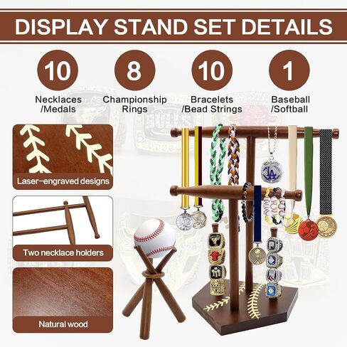 Wooden Baseball Ring and Necklace Holder Stand, 2-Tier Drip Jewelry Organizer for Baseball Softball Player, 2 Bat Hangers for Necklaces & Bracelets, Championship Ring Display Case, Sports Gift in Saudi Arabia