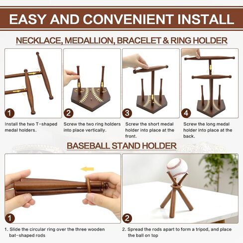 Wooden Baseball Ring and Necklace Holder Stand, 2-Tier Drip Jewelry Organizer for Baseball Softball Player, 2 Bat Hangers for Necklaces & Bracelets, Championship Ring Display Case, Sports Gift in Saudi Arabia