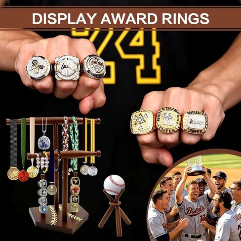 Wooden Baseball Ring and Necklace Holder Stand, 2-Tier Drip Jewelry Organizer for Baseball Softball Player, 2 Bat Hangers for Necklaces & Bracelets, Championship Ring Display Case, Sports Gift in Saudi Arabia