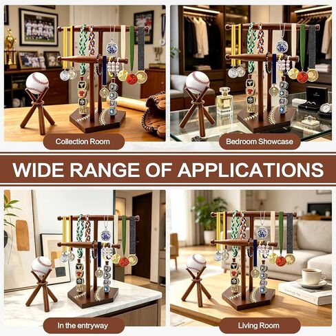 Wooden Baseball Ring and Necklace Holder Stand, 2-Tier Drip Jewelry Organizer for Baseball Softball Player, 2 Bat Hangers for Necklaces & Bracelets, Championship Ring Display Case, Sports Gift in Saudi Arabia