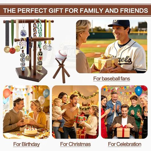 Wooden Baseball Ring and Necklace Holder Stand, 2-Tier Drip Jewelry Organizer for Baseball Softball Player, 2 Bat Hangers for Necklaces & Bracelets, Championship Ring Display Case, Sports Gift in Saudi Arabia