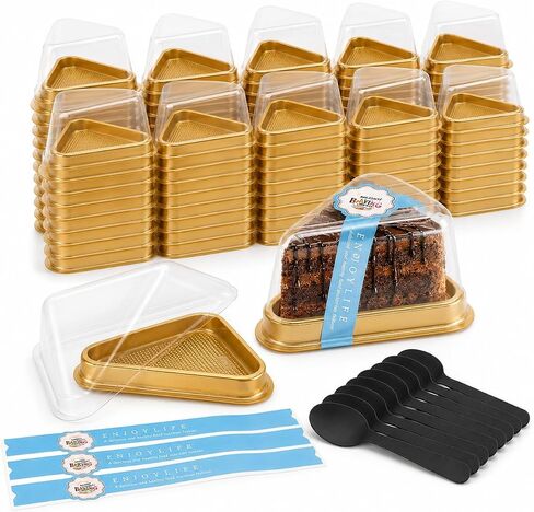 100Pcs Cake Slice Containers, Individual Cheesecake Containers, Disposable Pie Slice Containers with Lid, Sticker and Fork, Clear Triangle Cake Boxes for Pies Snack Dessert, Gold in Kuwait