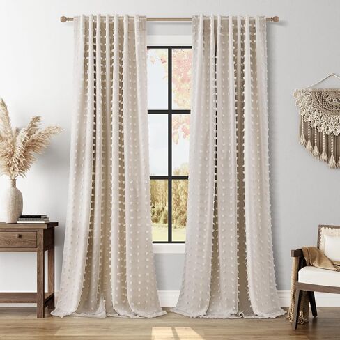 Hokibero 100% Blackout Boho Beige Curtains 96 Inch Long Room Darkening Insulated Double Back Tab Curtain Beige Pom Pom Sheer Overlay Boho Farmhouse Cottage 2 Panels Set Drapes for Sliding Door 52x96 in Saudi Arabia
