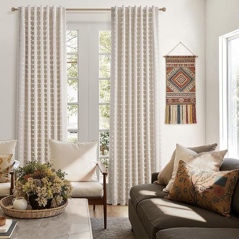 Hokibero 100% Blackout Boho Beige Curtains 96 Inch Long Room Darkening Insulated Double Back Tab Curtain Beige Pom Pom Sheer Overlay Boho Farmhouse Cottage 2 Panels Set Drapes for Sliding Door 52x96 in Saudi Arabia