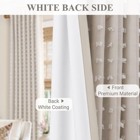 Hokibero 100% Blackout Boho Beige Curtains 96 Inch Long Room Darkening Insulated Double Back Tab Curtain Beige Pom Pom Sheer Overlay Boho Farmhouse Cottage 2 Panels Set Drapes for Sliding Door 52x96 in Saudi Arabia