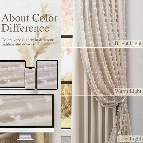 Hokibero 100% Blackout Boho Beige Curtains 96 Inch Long Room Darkening Insulated Double Back Tab Curtain Beige Pom Pom Sheer Overlay Boho Farmhouse Cottage 2 Panels Set Drapes for Sliding Door 52x96 in Saudi Arabia