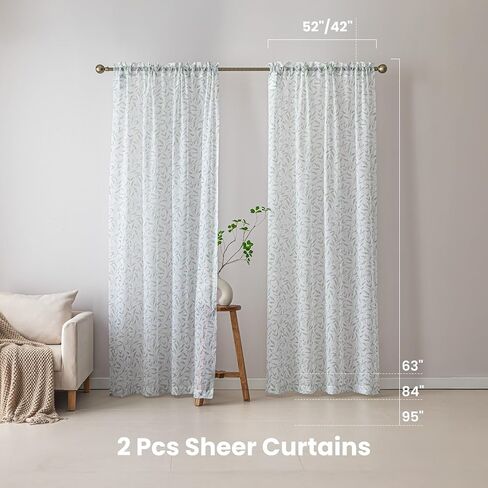 SLEEP ZONE Sheer Curtains for Bedroom Living Room, Floral Printed Sheer Curtains 63 inch Length 2 Panels Light Filtering Farmhouse Window Treatments Drapes with Rod Pocket, 51" W ×63" L, Sage Green in Saudi Arabia