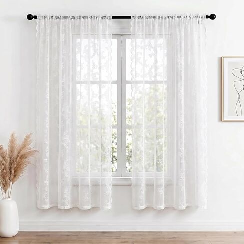 Lace Curtains 55 Inches Long, Vintage Floral Pattern White Sheer Curtain Panels for Living Room Bedroom French Door, Light Filtering Drapes, 2 Panels 39W x 55L in Kuwait