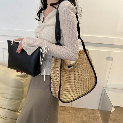Large Capacity Woven Shoulder Bag Women Tote Bag Solid Color Composite Beach Bag Clutch in Kuwait