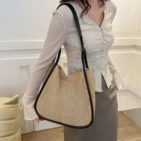 Large Capacity Woven Shoulder Bag Women Tote Bag Solid Color Composite Beach Bag Clutch in Kuwait