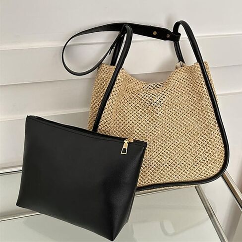 Large Capacity Woven Shoulder Bag Women Tote Bag Solid Color Composite Beach Bag Clutch in Kuwait