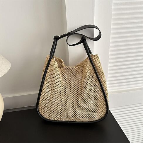 Large Capacity Woven Shoulder Bag Women Tote Bag Solid Color Composite Beach Bag Clutch in Kuwait