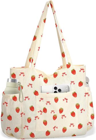 Corduroy Tote Bag for Women, Cute Floral Tote Bag with Zipper, Large Shoulder Handbag with Multi-Pockets for Work Travel Gym in Saudi Arabia