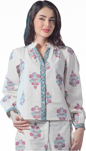 Cotton White Jaipur Block Print with Mandarin Collar, Regular Ethnic Motif Shirts for Women in Saudi Arabia