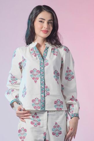 Cotton White Jaipur Block Print with Mandarin Collar, Regular Ethnic Motif Shirts for Women in Saudi Arabia