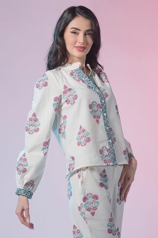Cotton White Jaipur Block Print with Mandarin Collar, Regular Ethnic Motif Shirts for Women in Saudi Arabia
