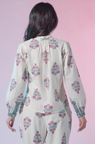 Cotton White Jaipur Block Print with Mandarin Collar, Regular Ethnic Motif Shirts for Women in Saudi Arabia