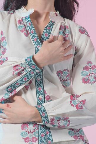 Cotton White Jaipur Block Print with Mandarin Collar, Regular Ethnic Motif Shirts for Women in Saudi Arabia