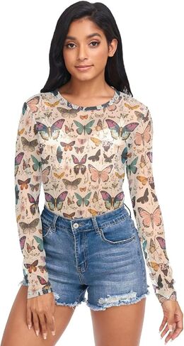 Vintage Butterfly Pattern Women's Long Sleeeve Mesh Shirt Sheer See Through Top Blouse,S in Saudi Arabia