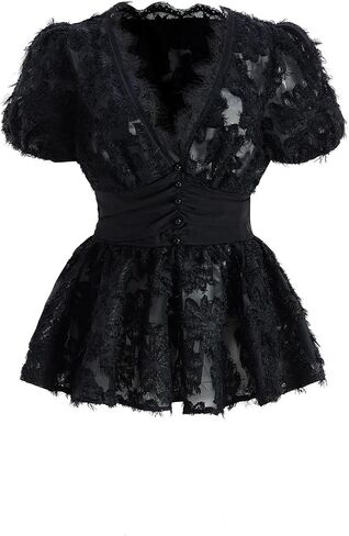 Women's Summer Lace Peplum Tops Elegant Ruched Deep V Neck Puff Sleeve Blouse Going Out Outfits in Saudi Arabia