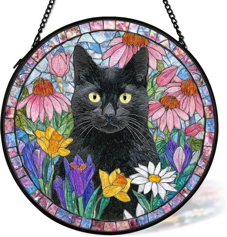 Black Cat Suncatcher Stained Glass Window Hanging Decor Ornaments, Black Cat Owner Memorial Sun Catchers Wall Art Gifts for Women, Floral Flower Garden Lawn Stained Glass Wall Decor, 7.9x7.9In in Saudi Arabia