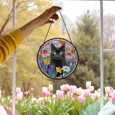 Black Cat Suncatcher Stained Glass Window Hanging Decor Ornaments, Black Cat Owner Memorial Sun Catchers Wall Art Gifts for Women, Floral Flower Garden Lawn Stained Glass Wall Decor, 7.9x7.9In in Saudi Arabia