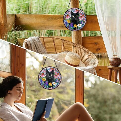 Black Cat Suncatcher Stained Glass Window Hanging Decor Ornaments, Black Cat Owner Memorial Sun Catchers Wall Art Gifts for Women, Floral Flower Garden Lawn Stained Glass Wall Decor, 7.9x7.9In in Saudi Arabia