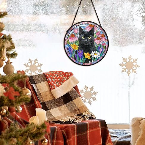 Black Cat Suncatcher Stained Glass Window Hanging Decor Ornaments, Black Cat Owner Memorial Sun Catchers Wall Art Gifts for Women, Floral Flower Garden Lawn Stained Glass Wall Decor, 7.9x7.9In in Saudi Arabia