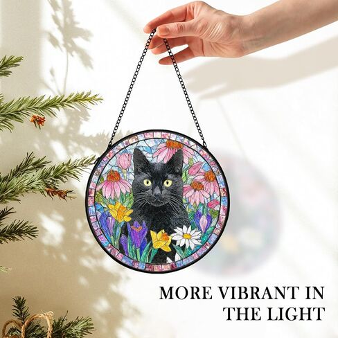Black Cat Suncatcher Stained Glass Window Hanging Decor Ornaments, Black Cat Owner Memorial Sun Catchers Wall Art Gifts for Women, Floral Flower Garden Lawn Stained Glass Wall Decor, 7.9x7.9In in Saudi Arabia