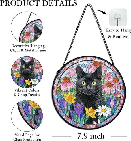 Black Cat Suncatcher Stained Glass Window Hanging Decor Ornaments, Black Cat Owner Memorial Sun Catchers Wall Art Gifts for Women, Floral Flower Garden Lawn Stained Glass Wall Decor, 7.9x7.9In in Saudi Arabia