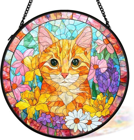 Black Cat Suncatcher Stained Glass Window Hanging Decor Ornaments, Black Cat Owner Memorial Sun Catchers Wall Art Gifts for Women, Floral Flower Garden Lawn Stained Glass Wall Decor, 7.9x7.9In in Saudi Arabia